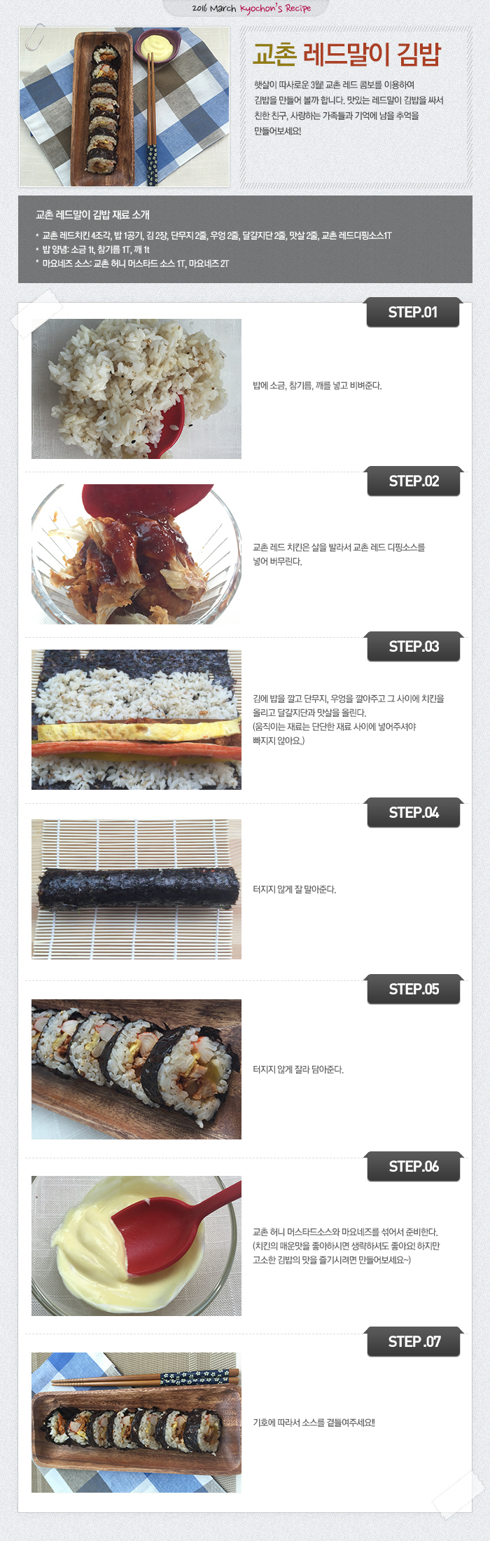 2016 March kyochon`s Recipe
교촌 레드말이 김밥
햇살이 따사로운 3월! 교촌 레드 콤보를 이용하여 김밥을 만들어 볼까 합니다.맛있는 레드말이 김밥을 싸서 친한 친구, 사랑하는 가족들과 기억에 남을 추억을 만들어보세요!
교촌 레드말이 김밥 재료 소개
교촌 레드치킨 4조각, 밥 1공기, 김 2장, 단무지 2줄, 우엉 2줄, 달걀지단 2줄, 맛살 2줄, 교촌 레드디핑소스1T
밥 양념: 소금 1t, 참기름 1T, 깨 1t
마요네즈 소스: 교촌 허니 머스타드 소스 1T, 마요네즈 2T
STEP.01 밥에 소금, 참기름, 깨를 넣고 비벼준다.
STEP.02 교촌 레드 치킨은 살을 발라서 교촌 레드 디핑소스를 넣어 버무린다.
STEP.03 김에 밥을 깔고 단무지, 우엉을 깔아주고 그 사이에 치킨을 올리고 달걀지단과 맛살을 올린다.(움직이는 재료는 단단한 재료 사이에 넣어주셔야 빠지지 않아요.)
STEP.04 터지지 않게 잘 말아준다.
STEP.05 터지지 않게 잘라 담아준다.
STEP.06 교촌 허니 머스타드소스와 마요네즈를 섞어서 준비한다.(치킨의 매운맛을 좋아하시면 생략하셔도 좋아요! 하지만 고소한 김밥의 맛을 즐기시려면 만들어보세요~)
STEP.07 기호에 따라서 소스를 곁들여주세요!!