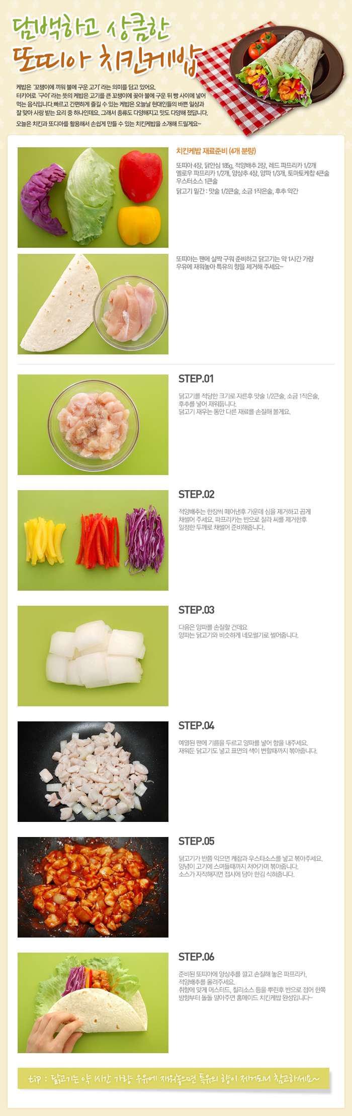 담백하고 상큼한 또띠아 치킨케밥 
케밥은 꼬챙이에 끼워 불에 구운 고기라는 의미를 담고 있어요 터키어로 구이라는 뜻의 케밥은 고기를 큰 꼬챙이에 꽂아 불에 구운 뒤 빵 사이에 넣어 먹는 음식이다. 빠르고 간편하게 즐길 수 있는 케밥은 오늘날 현대인들의 바쁜 일상과 잘 맞아 사랑 받는 요리 중 하나인데요 그래서 종류도 다양해지고 맛도 다양해 졌답니다. 오늘은 치킨과 또띠아를 활용해서 손쉽게 만들수 있는 치킨케밥을 소개해 드릴게요~
치킨케밥 재료준비(4개분량)
또띠아 4장, 닭안심 185g, 적양배추2장, 레드 파프리카 1/2개, 옐로우 파프리카 1/2개, 양상추4장, 양파1/3개, 토마토케찹 4큰술, 우스터소스 1큰술
닭고기밑간: 맛술1/2큰술, 소금1작은술, 후추 약간
또띠아는 팬에 살짝 구워 준비하고 닭고기는 약 1시간 가량 우유에 재워놓아 특유의 향을 제거해 주세요~
STEP.01 닭고기는 적당한 크기로 자른 후 맛술 1/2큰술, 소금1작은술, 후추를 넣어 재워둡니다. 닭고기 재우는 동안 다른 재료를 손질해 볼게요
STEP.02 적양배추는 한장씩 떼어낸 후 가운데 심을 제거하고 곱게 채썰어 주세요 파프리카는 반으로 잘라 씨를 제거한 후 일정한 두께로 채썰어 준비해줍니다.
STEP.03 다음은 양파는 손질할 건데요 양파는 닭고기과 비슷하게 네모썰기로 썰어줍니다.
STEP.04 예열된 팬에 기름을 두르고 양파를 넣어 향을 내주세요. 재워둔 닭고기도 넣고 표면의 색이 변할때까지 볶아줍니다.
STEP.05 닭고기가 반쯤 익으면 케찹과 우스타소스를 넣고 볶아주셍. 양념이 고기에 스며들때까지 저어가며 볶아줍니다. 소스가 자작해지면 접시에 담아 한김 식혀줍니다.
STEP.06 준비된 또띠아에 양상추를 깔고 손질해 놓은 파프리카, 적양배추를 올려주세요. 취향에 맞게 머스터드, 칠리소스 등을 뿌린 후 반으로 접어 한쪽 방향부터 돌돌 말아주면 홈메이드 치킨케밥 완성입니다~
tip: 닭고기는 약 1시간 가량 우유에 재워놓으면 특유의 향이 제거되니 참고하세요~